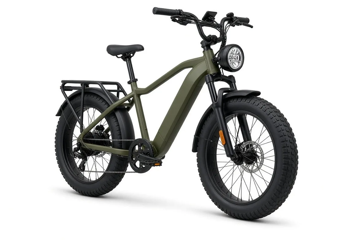 Olive green fat-tire electric bicycle with a headlight